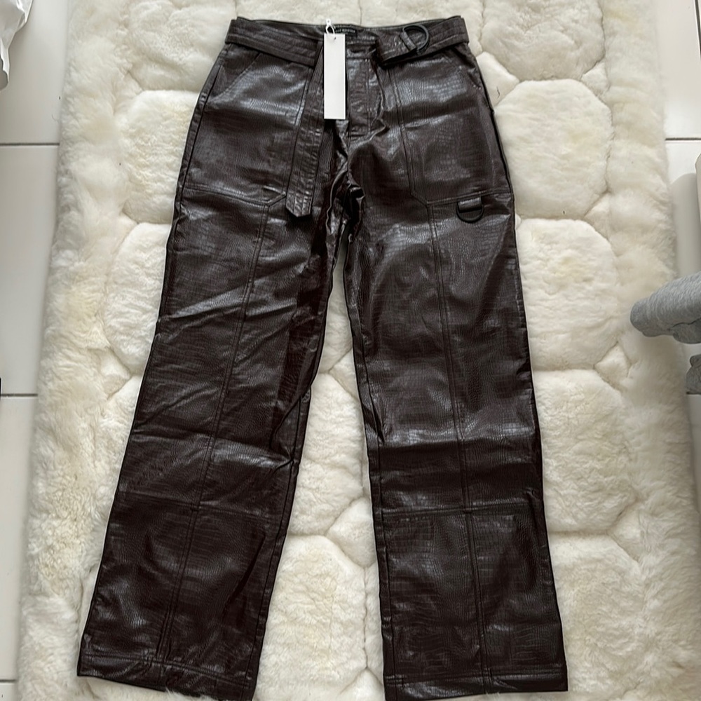 Faux Leather Croc Embossed Pants in Espresso